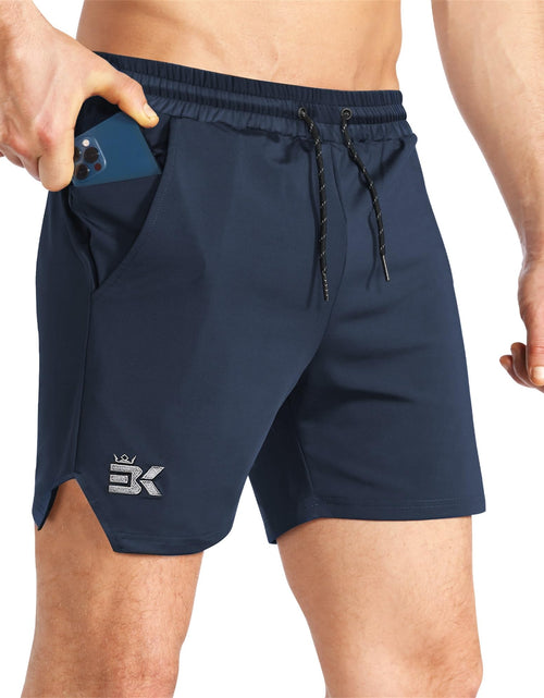 Load image into Gallery viewer, BROKIG Mens Inzip Lightweight Gym Workout Shorts Athletic Short Shorts Fitted Lifting Shorts with Zipper Pockets(SmallNavy Blue)
