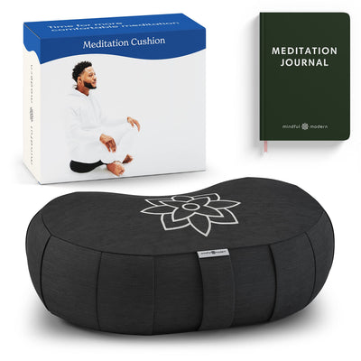 Cojín de Meditación Grande Consciente y Moderno | Rulo de Yoga Zafu Cojín de Meditación para Suelo | Cojín en Forma de Media Luna Relleno de Cáscara de Trigo Sarraceno con Funda Extraíble Lavable + Asa de Transporte (Negro Minimalista)