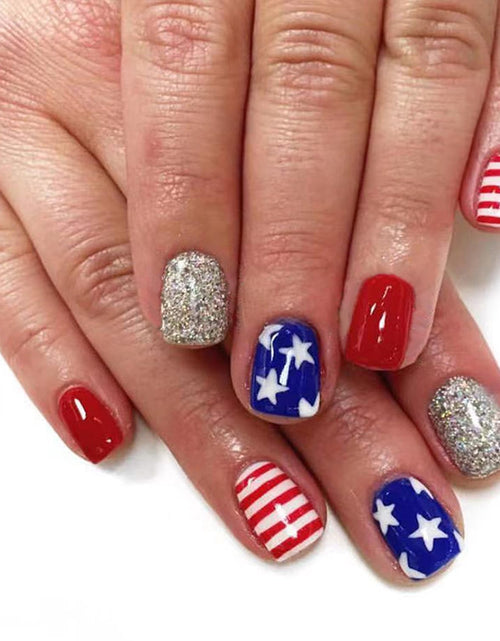Load image into Gallery viewer, 24pcs Independence Day Press on Nails Short 4th of July Fake Nails Star Glitter False Nails American Flag Nails Design Acrylic Glue on Nails Patriotic 4th of July Artificial Nails for Women Nail Art
