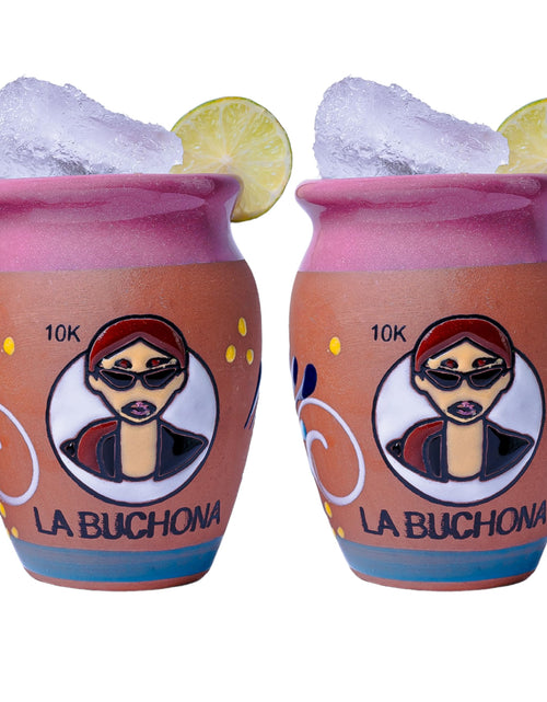 Load image into Gallery viewer, ELTRICOLOR Cantaritos de Barro Mexicanos - Set of 2 Authentic Clay Mugs 14 oz - Mexican Bingo Jarritos de Barro Mexicanos - Clay Cups Tazas de Barro - Vasos de Barro to Drink Tequila (LA BUCHONA)
