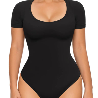 MANGOPOP Shapewear Bodysuits for Women Tummy Control Scoop Neck Short Sleeve Seamless Sculpting Thong Compression body shaper Tops(BlackLarge)