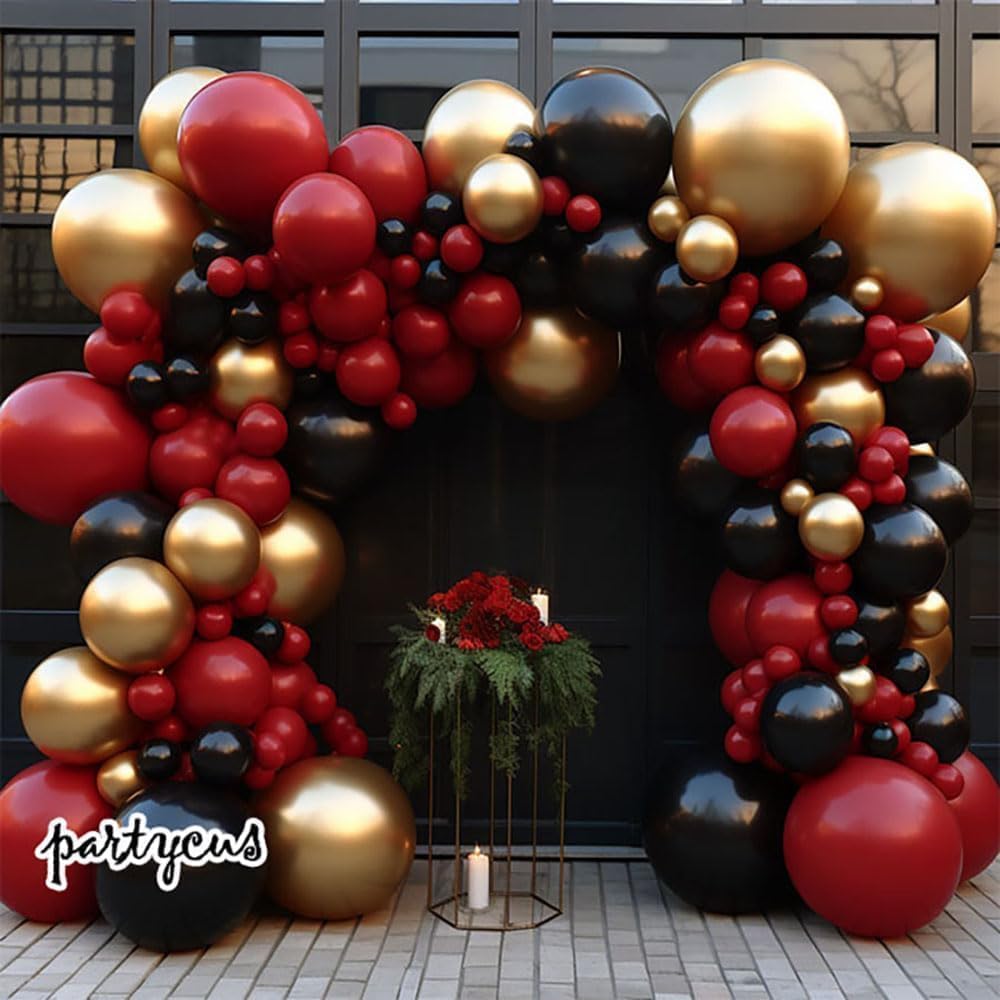 Red Black Gold Balloon Garland Double Stuffed Dark Ruby Red Balloon Arch Kit with 22 Inch Black Marble Balloon for Birthday Anniversary Graduation Scary New Year Party Decoration