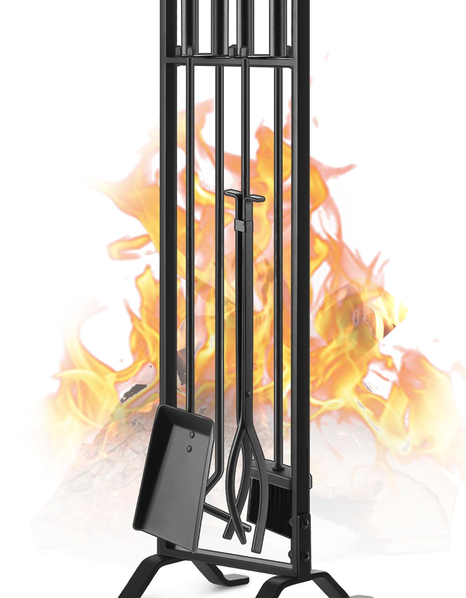 Gtongoko Premium 5 Pcs Wrought Iron Fireplace Tools Set for Outdoor/IndoorFire Place Set Tools Include PokerTongs ShovelBrush and Stand Accessories SetBlack