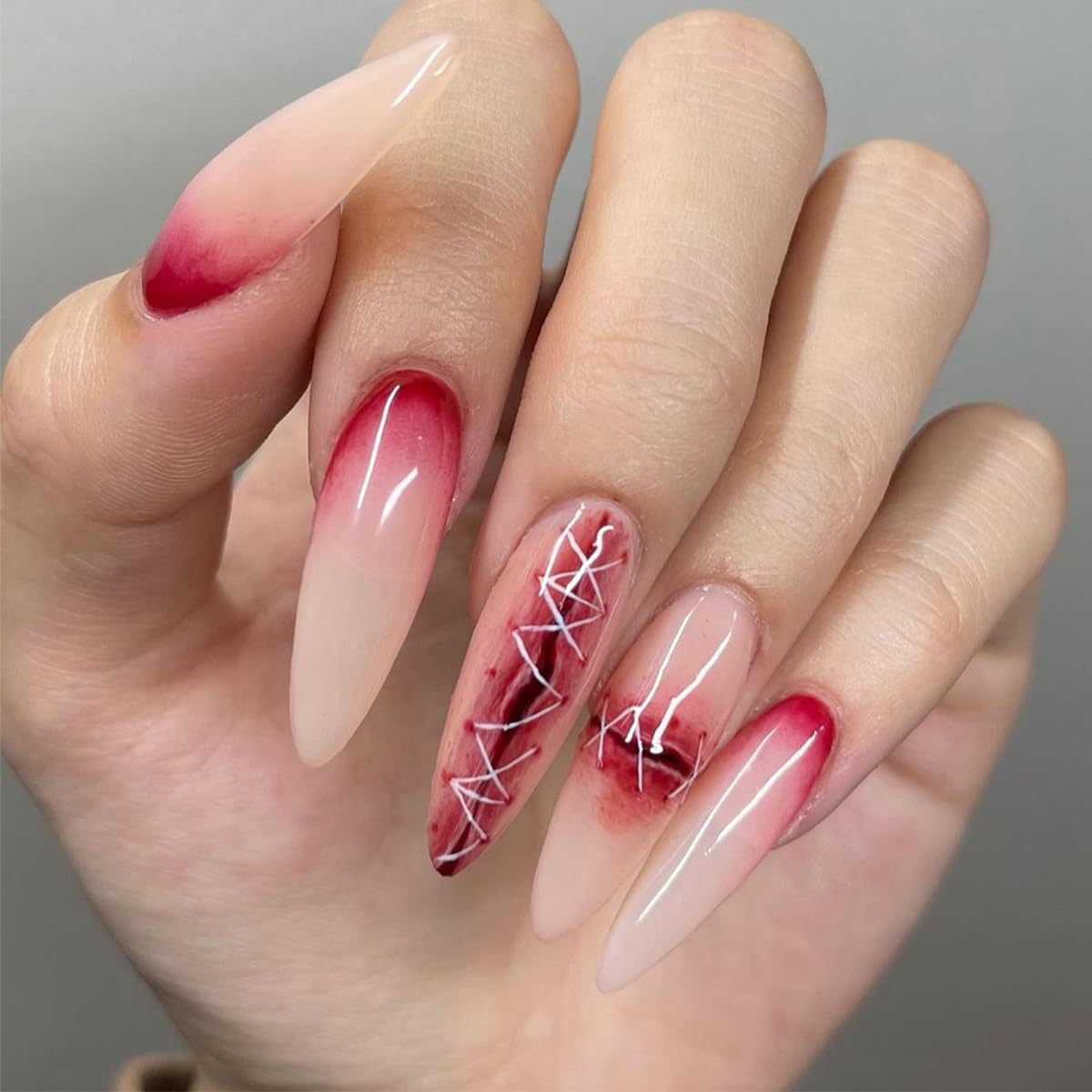 Horror Goth Press on Nails Long Halloween Scary Bloody Fake Nails Full Cover False Nail with Wound Design Gothic Acrylic Nails Glue on Nails Halloween Nail Art Decoration for Women Girls 24 Pcs