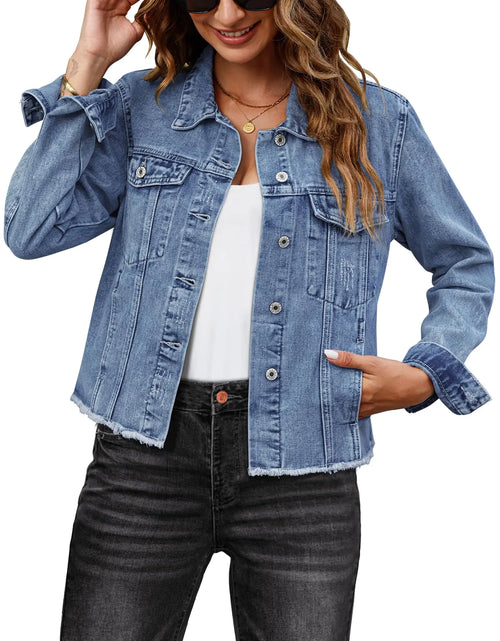 Load image into Gallery viewer, luvamia light weight jean jacket for women jacket jeans for women shacket jacket women dark denim jacket for women lightweight jean jacket women for summer Medium Blue Size Medium Fits Size 8 10

