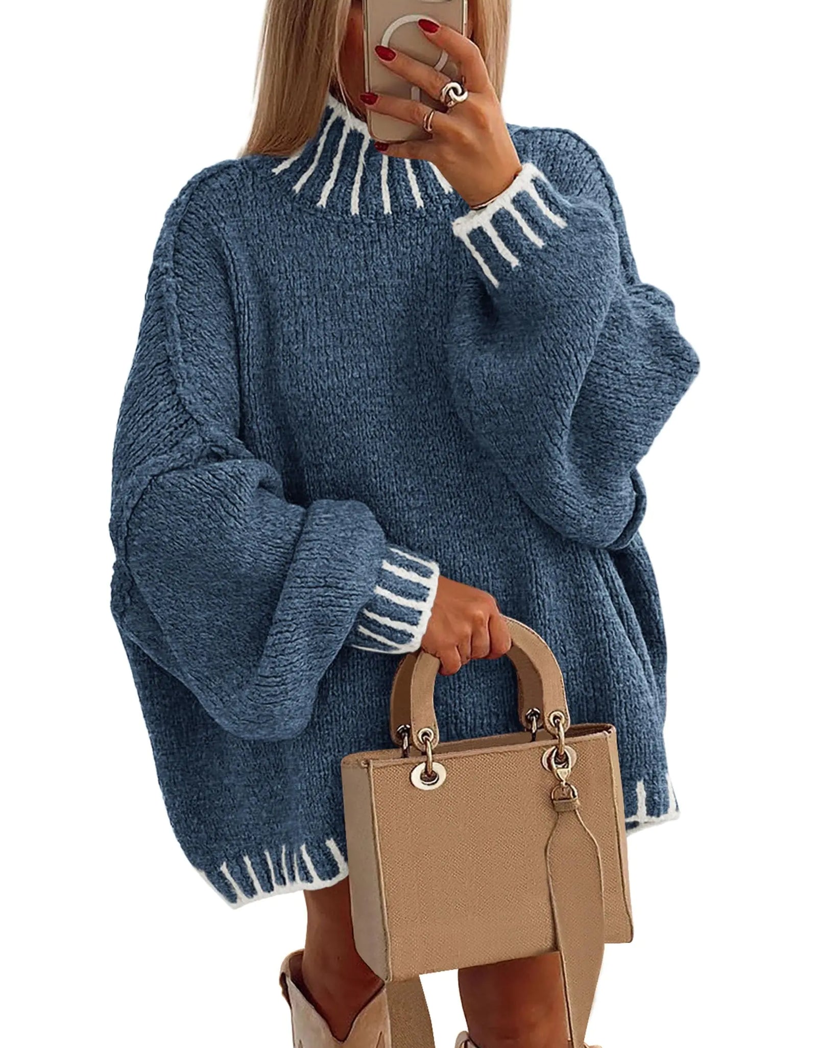 PRETTYGARDEN Womens Winter Oversized Pullover Sweaters Long Sleeve Mock Neck Chunky Knit Slouchy Jumper Tops (Grey BlueX-Small)