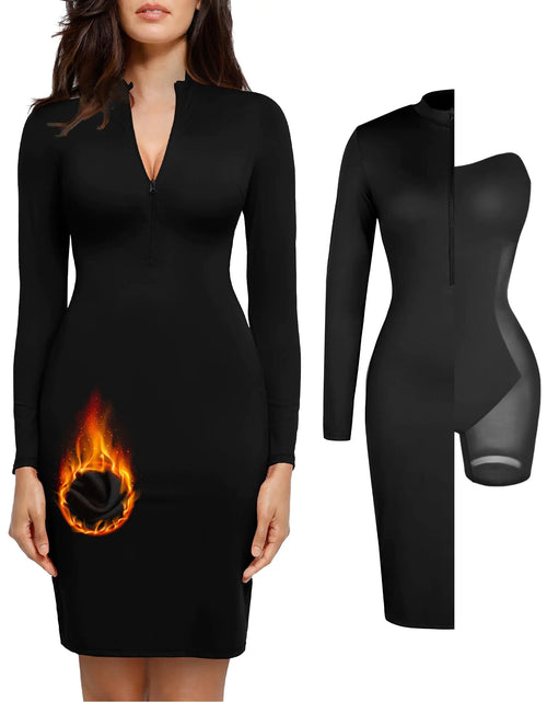 Load image into Gallery viewer, Popilush Shapewear Dress Long Sleeve Midi Dress Tummy Control Mock Neck Casual Dresses for Women Red Thermal Black
