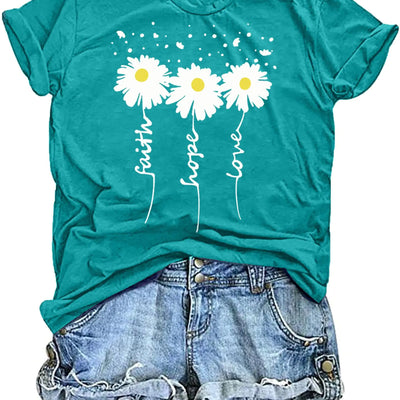 T-shirts graphiques pour femmes : T-shirts chrétiens imprimé marguerite à manches courtes pour femmes T-shirts Foi Espoir Amour