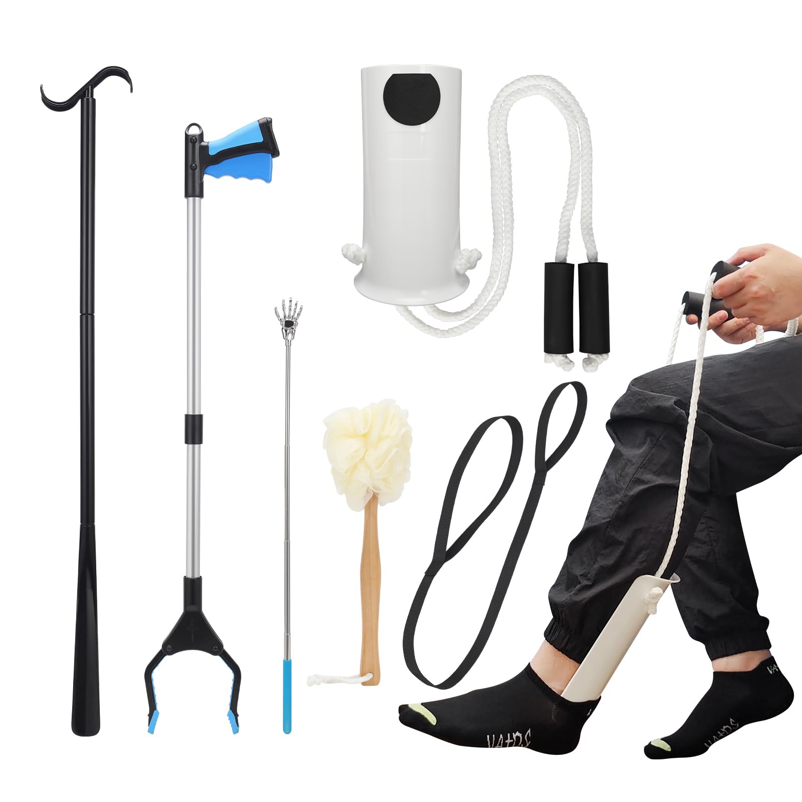 6PC Hip Replacement Recovery Kit Includes Sock Aid Long Handle Shoe Horn Grabber Reacher Telescoping Back Scratcher Leg Lifter Long Handled Bath Sponge Aids for Postoperative Recovery