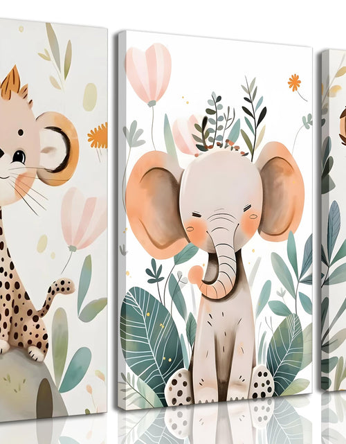 Charger l'image dans la visionneuse de galerie, 3 Pcs Safari Animals Nursery Canvas Wall Art Jungle Animals Cheetah Elephant Tiger Kids Room Illustration Pictures Wall Decor Posters Print Artwork for Classroom Boys Girls Room Bedroom
