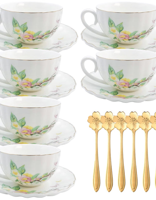 Load image into Gallery viewer, Noblegant Teacup and Saucer Set Tea Cup Set of 6 Coffee Cups Cappuccino Cups Espresso Mugs Flower Tea Cup with Gold Trim Tea Set for Women Tea Party Afternoon Tea Home Office (Pumpkin Cup 7oz)
