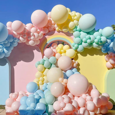 Arco de globos pastel Globos dobles rosa azul diferentes tamaños kit de arco de globos amarillo mate y verde para decoraciones de fiesta coloridas de princesa, unicornio, feliz cumpleaños, baby shower