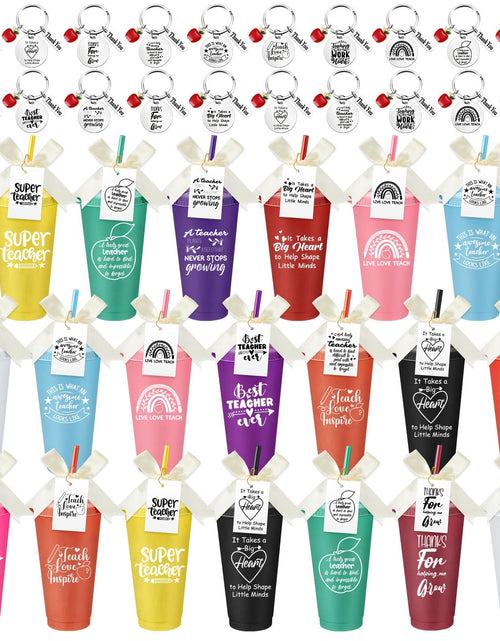 Load image into Gallery viewer, Honeydak 20 sets Teachers Appreciation Gifts Bulk 24oz Plastic Teachers Tumbler Bulk with Lids Straws Thank You Keychain Appreciation Cards Gifts for Teacher Team Staff Coworker(Cute)
