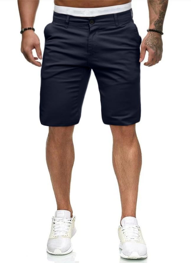 Mens Casual Shorts，Flat Front Shorts Summer Classical Fit 11" Shorts with Pockets(Navy Blue34)
