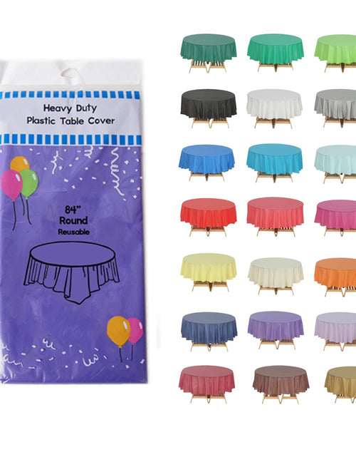 Load image into Gallery viewer, Evershine Case of 48 Pack Bulk Heavy Duty Purple Round 84" Plastic Table Covers Tablecloth (Reusable) (Round 84" Purple)
