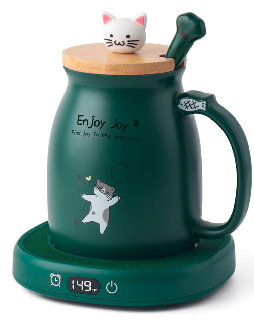 Load image into Gallery viewer, Bsigo Coffee Mug Warmer &amp; Cute Cat Mug Set Candle Mug Warmer for Home &amp; Office Electric Smart Coffee Warmer for Desk Beverage Tea Coffee Cup Warmer with 3-Temp Settings 8H Auto Shut Off Green
