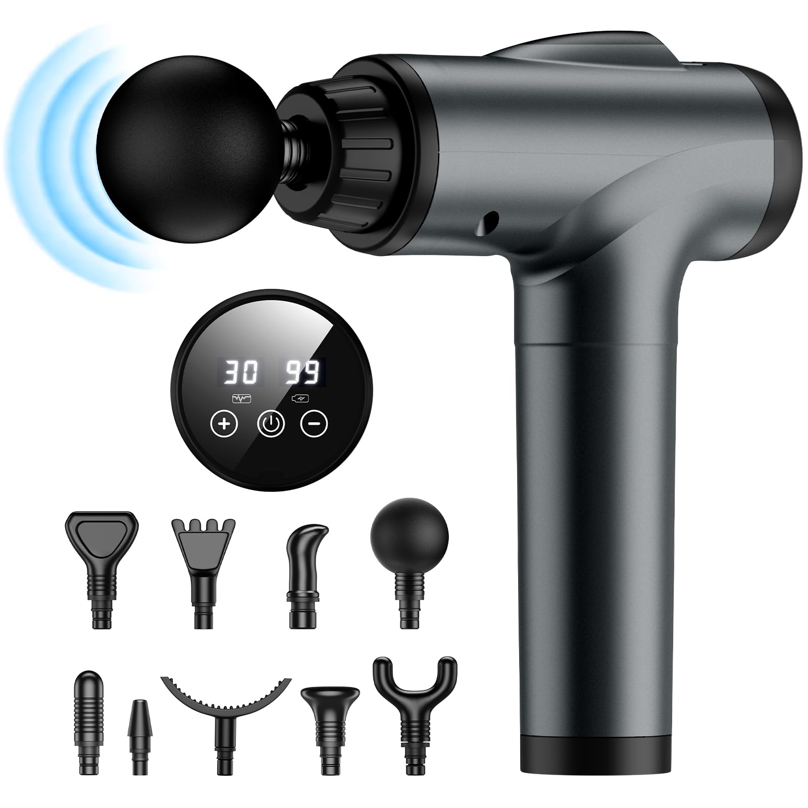 Hoiltal Deep Tissue Massage Gun Portable Handheld Percussion Muscle Massager Gun for Pain Relief 30 Speeds & 9 Massage Heads Cordless Electric Massager for Athletes Back Neck and Body (Gray)