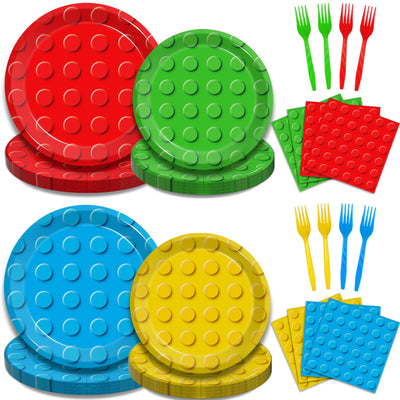 Juego de 96 Piezas de Bloques de Construcción, Platos y Servilletas de Ladrillos de Construcción, Vajilla Temática de Bloques de Construcción para Niños y Niñas, para Baby Shower y Fiestas de Cumpleaños, Sirve para 24