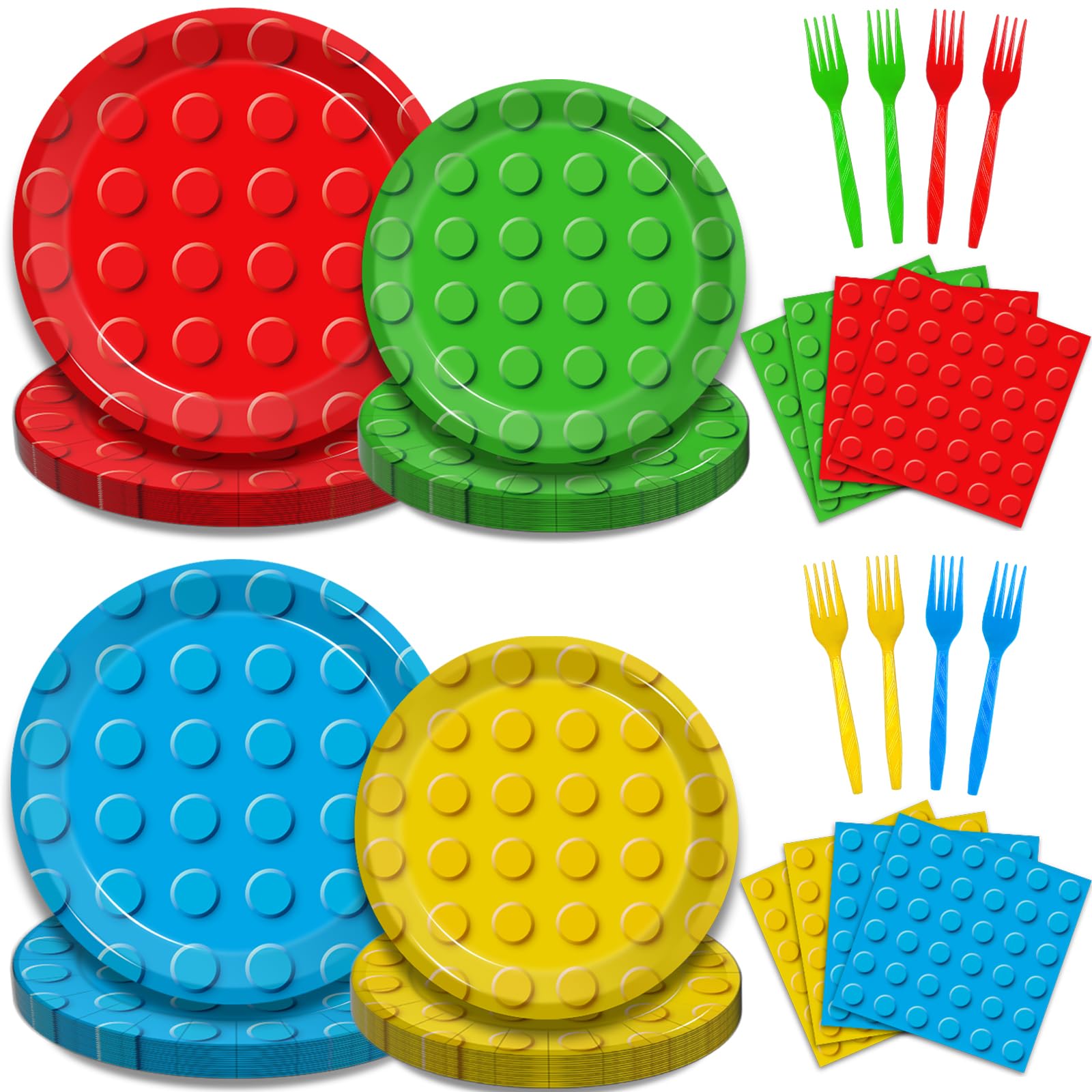96 Pcs Building Block Party Supplies Building Bricks Party Plates and Napkins Set Boys Girls Building Block Themed Party Dinnerware for Kids Baby Shower Birthday Party Decorations Serves 24