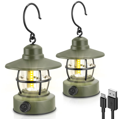Camping Lantern Rechargeable Battery Powered 【2 Pack】 Camping Gear Must Haves Camping Accessories Retro Camping Light Waterproof Hanging LED Tent Lamp for Outdoor Hiking Fishing (Dark Green)