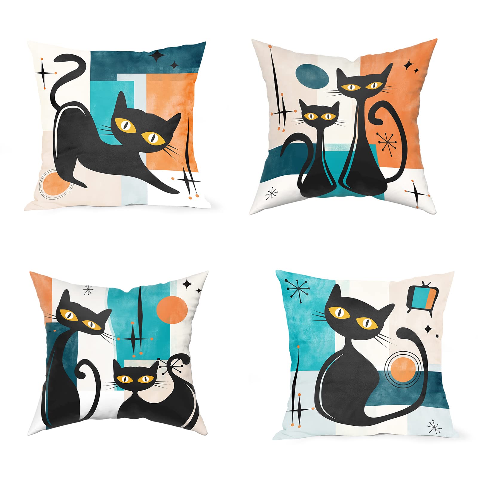 DZGlobal Black Cat Pillows Retro Atomic Cat Cushion Covers Mid Century Pillow Covers Halloween Throw Pillow Covers 20x20 for Modern Living Room Decor Set of 4