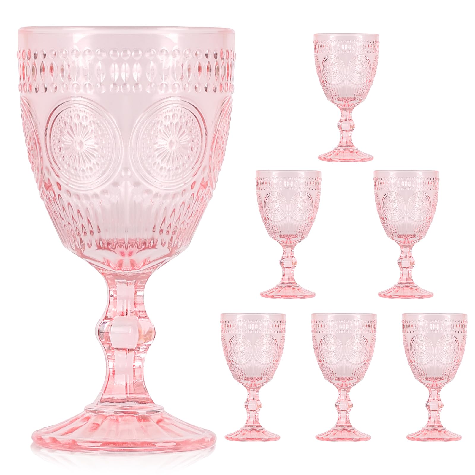 Vintage Wine Glasses Set of 6 10 oz Glass Goblets Wine Glassware Romantic Wedding Glass Set Drinking Stemware Beverage Cups for Wedding Party Bar Embossed Design Pink