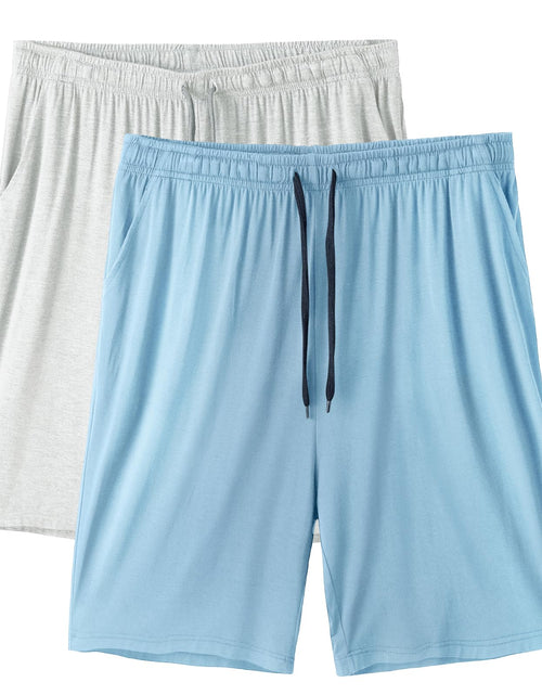 Load image into Gallery viewer, Mens 2 Pack Soft &amp; Light Sleep Shorts Lounge Sleepwear Drawstring Yoga Lounge &amp; Sleep Jam Shorts/Jersey Shorts with Pockets(Blue+Light Gray-3XL)
