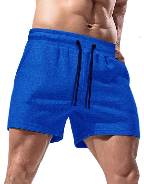 Load image into Gallery viewer, Lehmanlin Mens Cotton Running Shorts with Pockets 5 Inch Workout Bodybuilding Training Shorts(Blue-XL)
