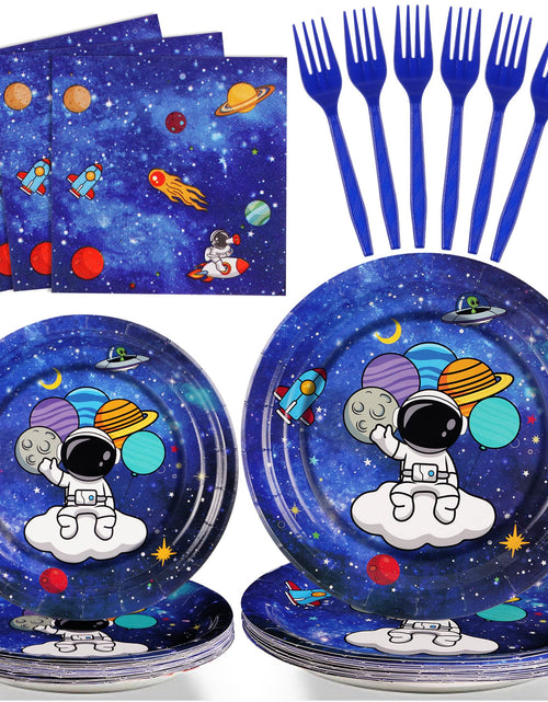 Charger l'image dans la visionneuse de galerie, SCIONE 96 pièces décorations de fête d'anniversaire thème espace, fournitures de fête galaxie, ensemble de vaisselle de fête système solaire, assiettes, serviettes, fourchettes en papier pour 24 invités, cadeaux de fête pour enfants

