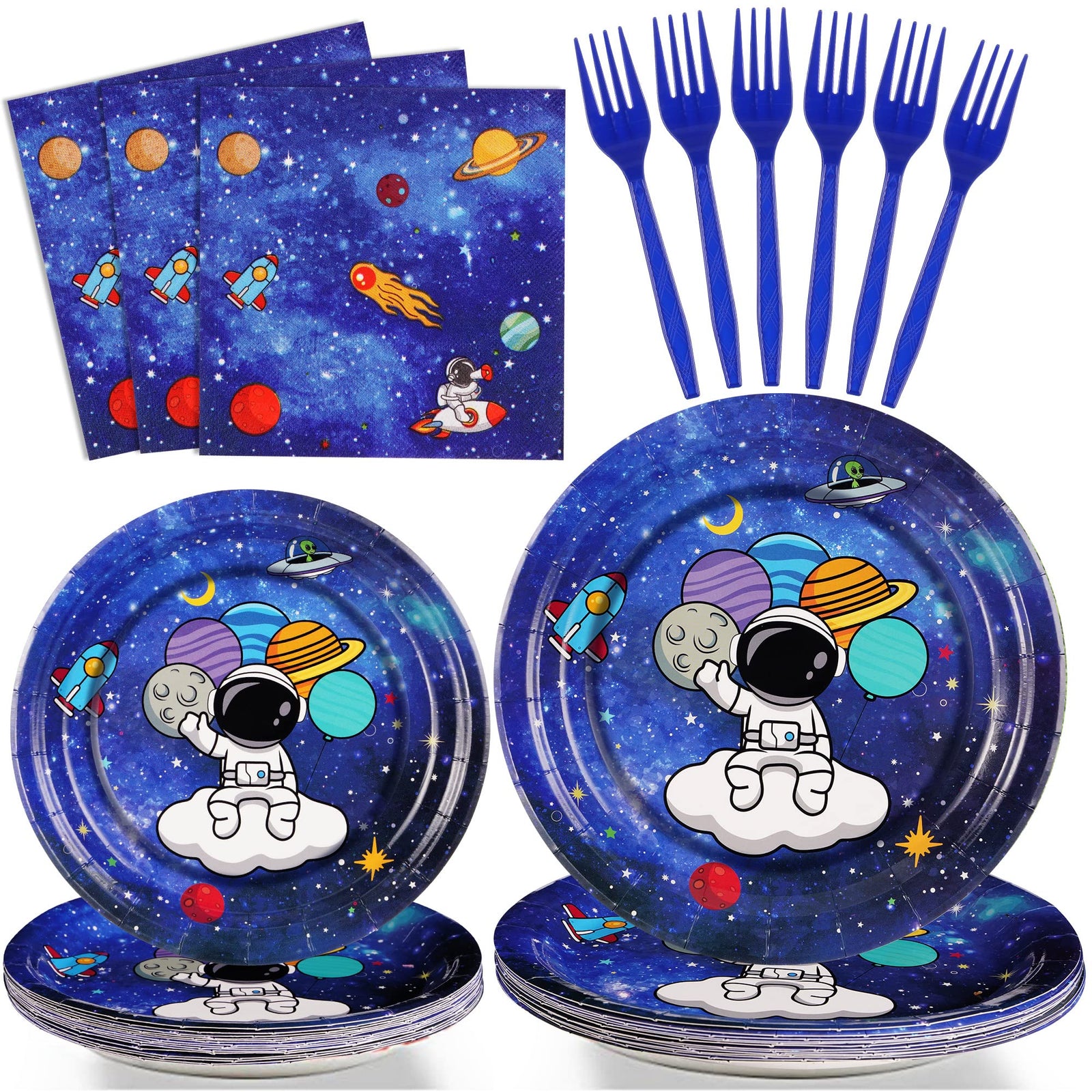 SCIONE 96 pièces décorations de fête d'anniversaire thème espace, fournitures de fête galaxie, ensemble de vaisselle de fête système solaire, assiettes, serviettes, fourchettes en papier pour 24 invités, cadeaux de fête pour enfants