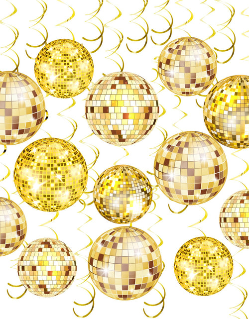 Cargar imagen en el visor de la galería, 54 Piezas de Decoraciones Doradas para Fiesta Disco, Espirales Colgantes de Bolas de Discoteca, Espirales Colgantes para Techo de Fiesta de los 70 para Fiesta de Fiebre Disco, Suministros para Fiesta de Cumpleaños Hippie de los 70
