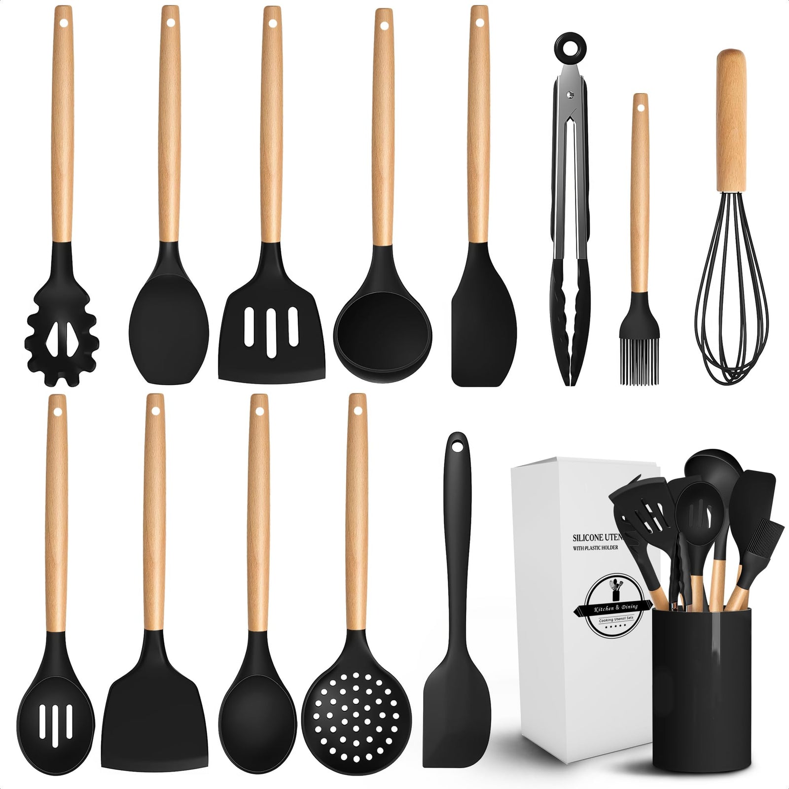 Juego de utensilios de cocina de silicona de 14 piezas - Juego de utensilios de cocina de silicona - Juego de utensilios de cocina negros - Juego de utensilios de silicona para cocinar