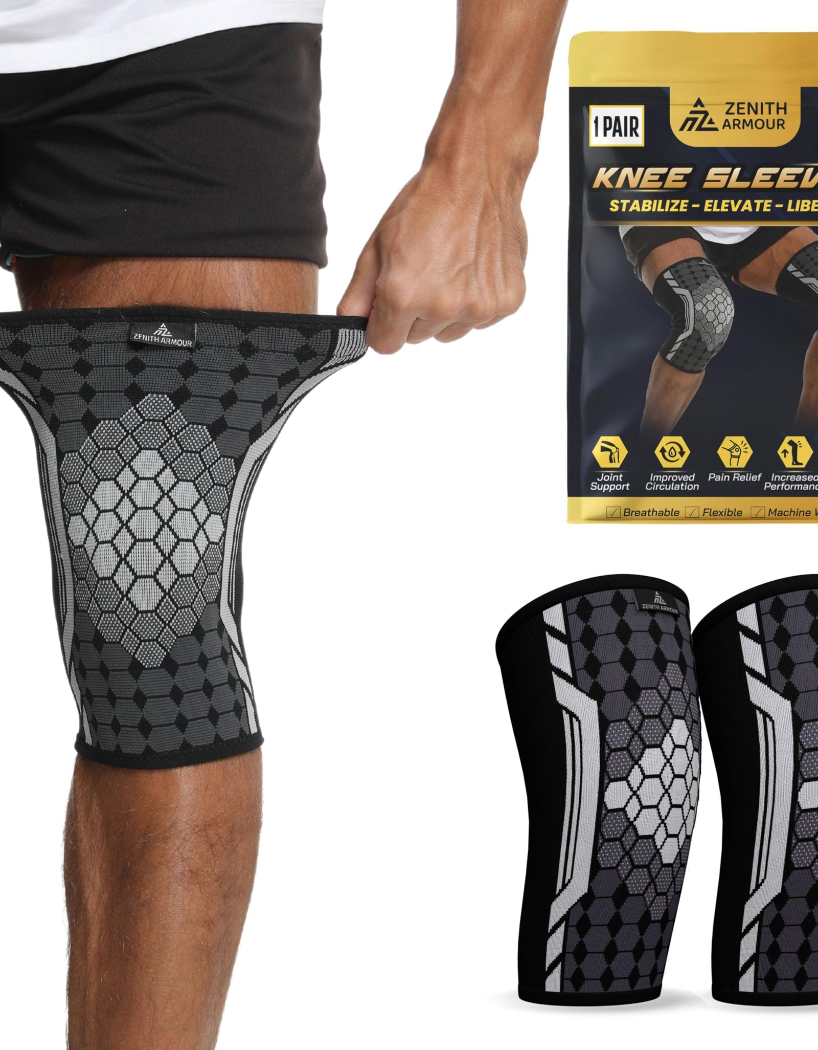 Zenith Armour Knee Sleeve Knee Brace for Men & Women - Pain Relief Meniscus Tear ACL Arthritis Joint Pain Recovery Workout Fitness Sports - 1 Pair Breathable Machine Washable (Large)