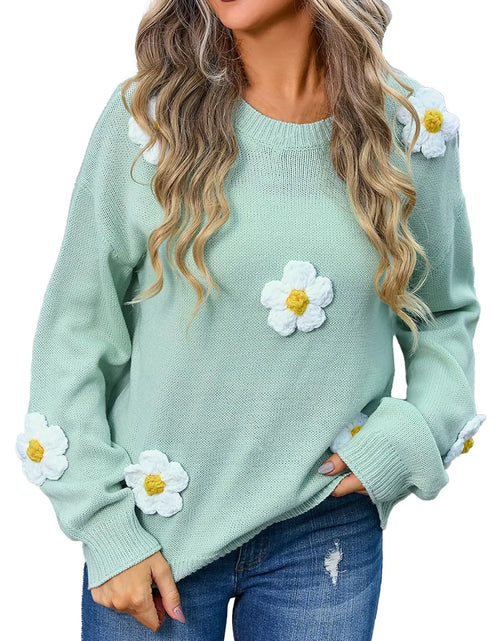 Cargar imagen en el visor de la galería, XIQIAM Suéteres de invierno para mujer Camisa suéter Suéter ligero de mujer Y2k Suéter acogedor informal Cuello en V Bordado Punto Suéteres de punto acanalados de manga larga casuales holgados Suéter de punto holgado 4-Verde Grande

