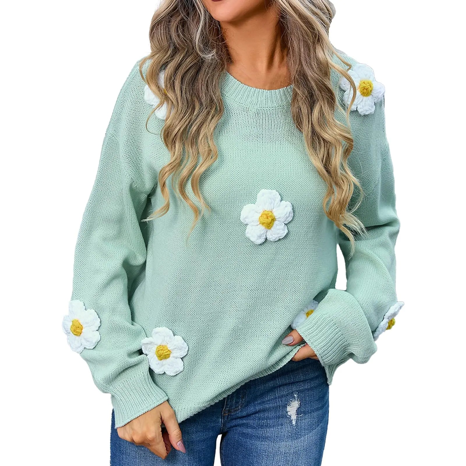 XIQIAM Suéteres de invierno para mujer Camisa suéter Suéter ligero de mujer Y2k Suéter acogedor informal Cuello en V Bordado Punto Suéteres de punto acanalados de manga larga casuales holgados Suéter de punto holgado 4-Verde Grande