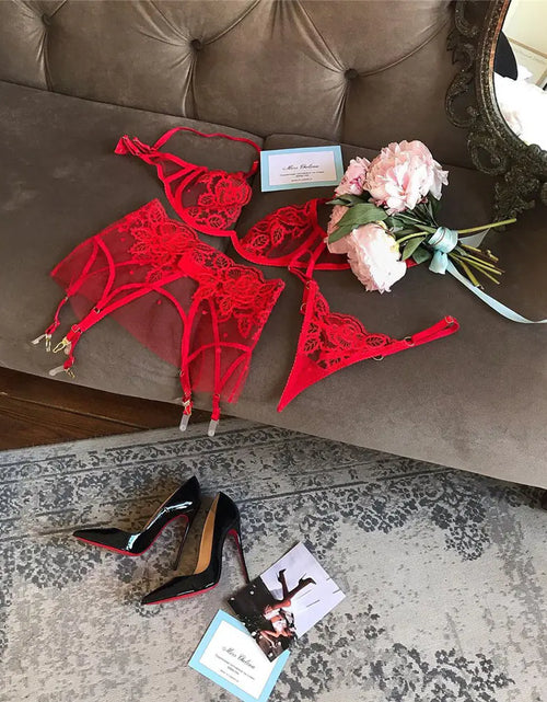 Load image into Gallery viewer, Embroidered Floral Lace Lingerie Set - 3 Pieces
