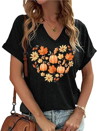 T-shirts col en V pour femmes Feuilles d'automne Citrouille Cœur Motifs floraux T-shirts de Thanksgiving Hauts d'Halloween (BK03-ATMMedium)