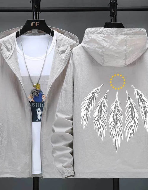 Load image into Gallery viewer, Hooded Jacket with Feather Print Plus Size Jacket
