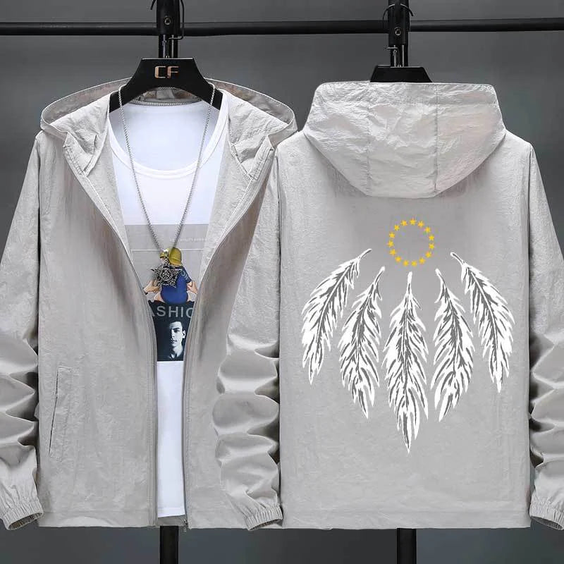 Hooded Jacket with Feather Print Plus Size Jacket