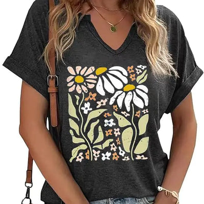 PUCKOLITY Vintage Flower V Neck Shirts Women Boho Floral Wildflowers T-Shirt Retro Wildflower Graphic T Shirts Summer Tee Tops（M4 Dark Grey）