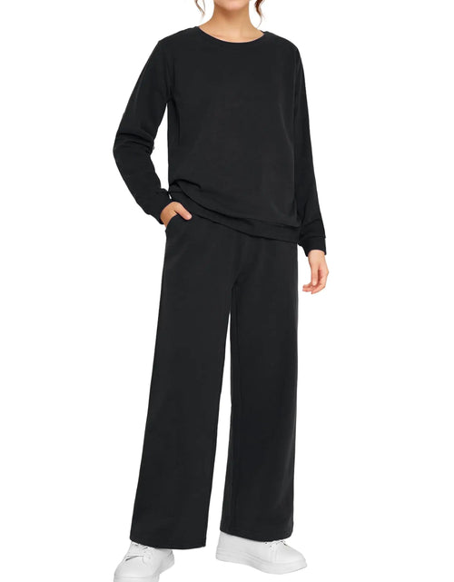 Load image into Gallery viewer, Weintee Womens Petite Sweatsuits Wide Leg Sweatpants and Sweatshirt Sets Jogging Suits S Black
