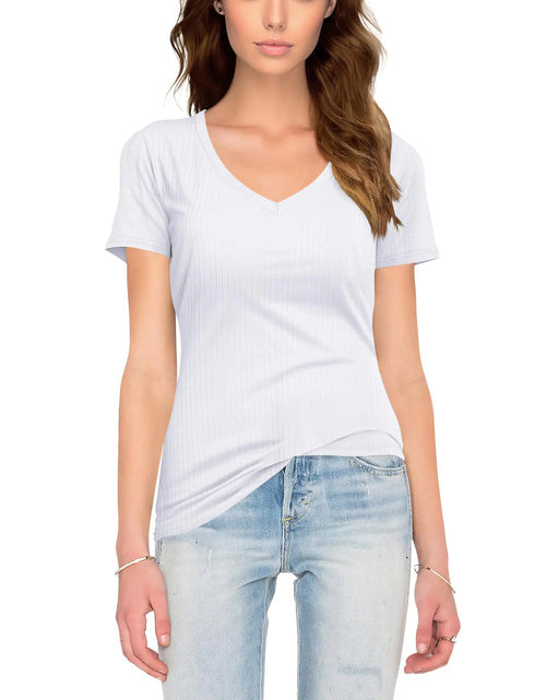 Cargar imagen en el visor de la galería, Blusas de mujer con cuello en V, manga corta, canalé, camiseta básica, blusas informales de verano
