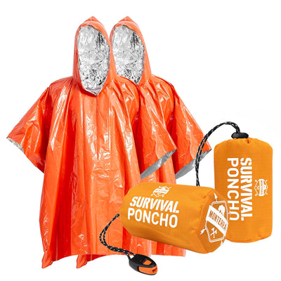 Poncho de Supervivencia de Emergencia Monterra. 2 Ponchos de Lluvia de Mylar Térmico Tipo Manta Espacial. Accesorios de Camping, Equipo de Supervivencia al Aire Libre y EDC. (Naranja)