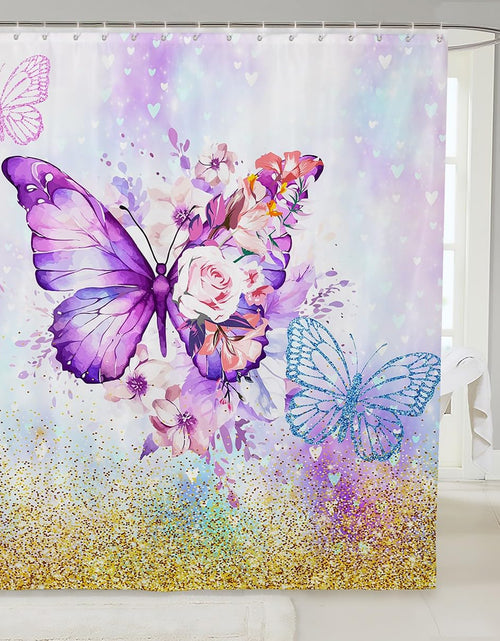 Cargar imagen en el visor de la galería, jejeloiu Butterfly Shower Curtain 72"x78" Flower Floral Bathroom Shower Curtain Set Beautiful Girly Bath Curtain Purple Glitter Kids Bathroom Accessories（No Glitter）
