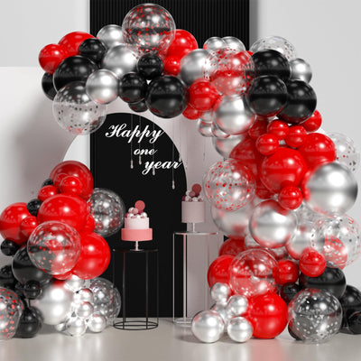 Kit de arco de globos rojos y negros, kit de guirnalda de globos de 140 piezas negros, plateados y rojos, kit de globos cromados plateados para cumpleaños, fiesta de Año Nuevo