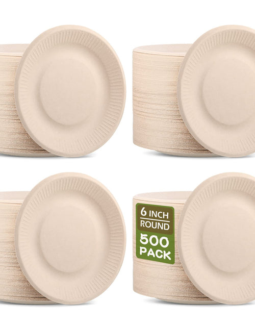 Load image into Gallery viewer, Mimorou 500 Counts Disposable Paper Plates Bulk Heavy Duty Sugarcane Brown Paper Plates Bulk Small Dessert Party Appetizer Cakes Restaurant Party Supplies (6 Inch)
