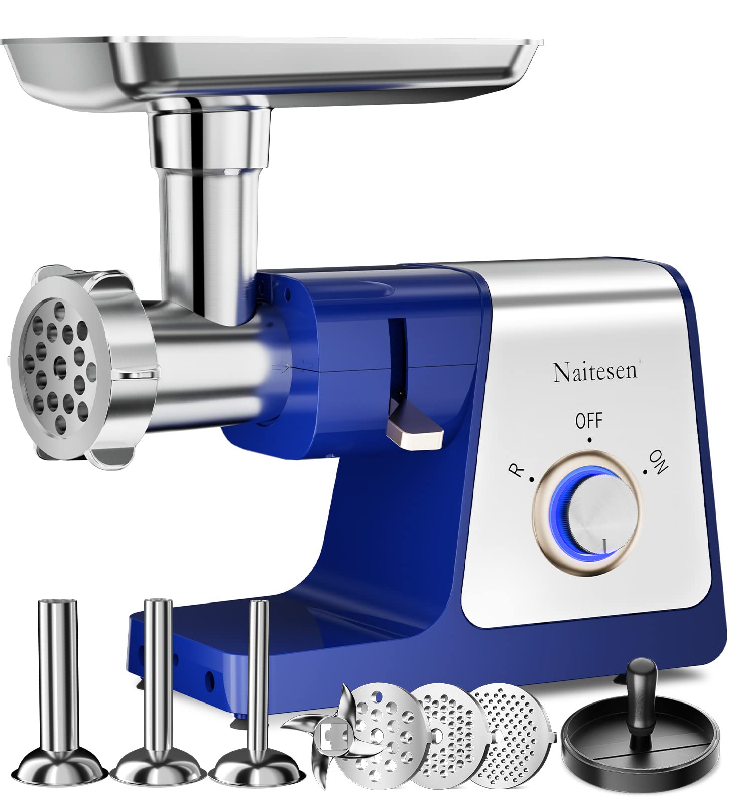 Naitesen 3000W Picadora de carne eléctrica con máquina para hacer salchichas, picadora de alimentos con 3 tubos de acero inoxidable para embutir, 3 placas de molienda, prensa de hamburguesas, kit Kubbe para cocina doméstica