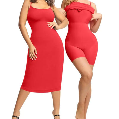 Popilush Shapewear Dress Bodycon Midi Dress Built-in Bra Summer Casual Tummy Control Slip Dress with Adjustable Straps Red