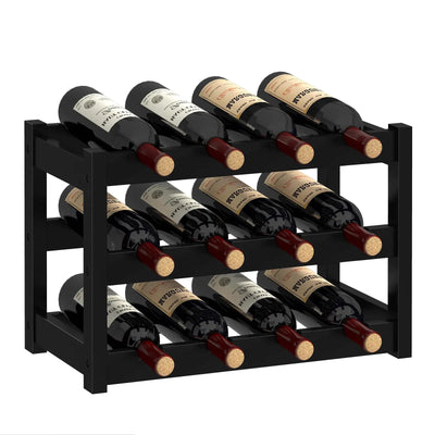 MOGELAFOO Bamboo Wine Rack Freestanding Wine Storage Cabinet Shelf Wine Racks Countertop for Pantry Kitchen 3-Tier 12 Bottles Wine Rack Black
