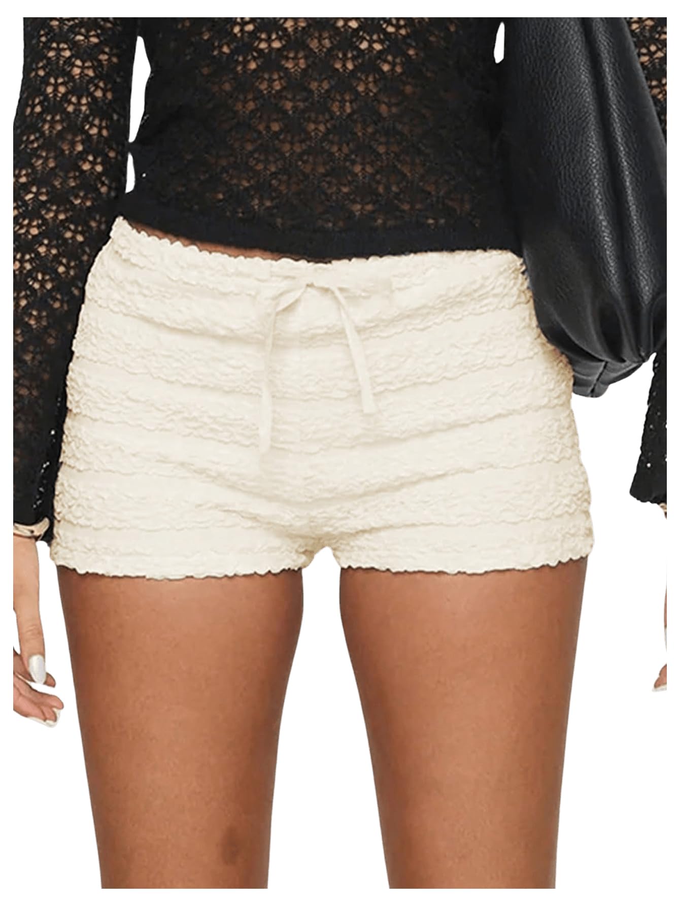 BEAUDRM Womens Y2k Ruffle Shorts Textured Low Waist Ruched Mini Shorts Bloomer Shorts Tie Front Micro Shorts Apricot Medium
